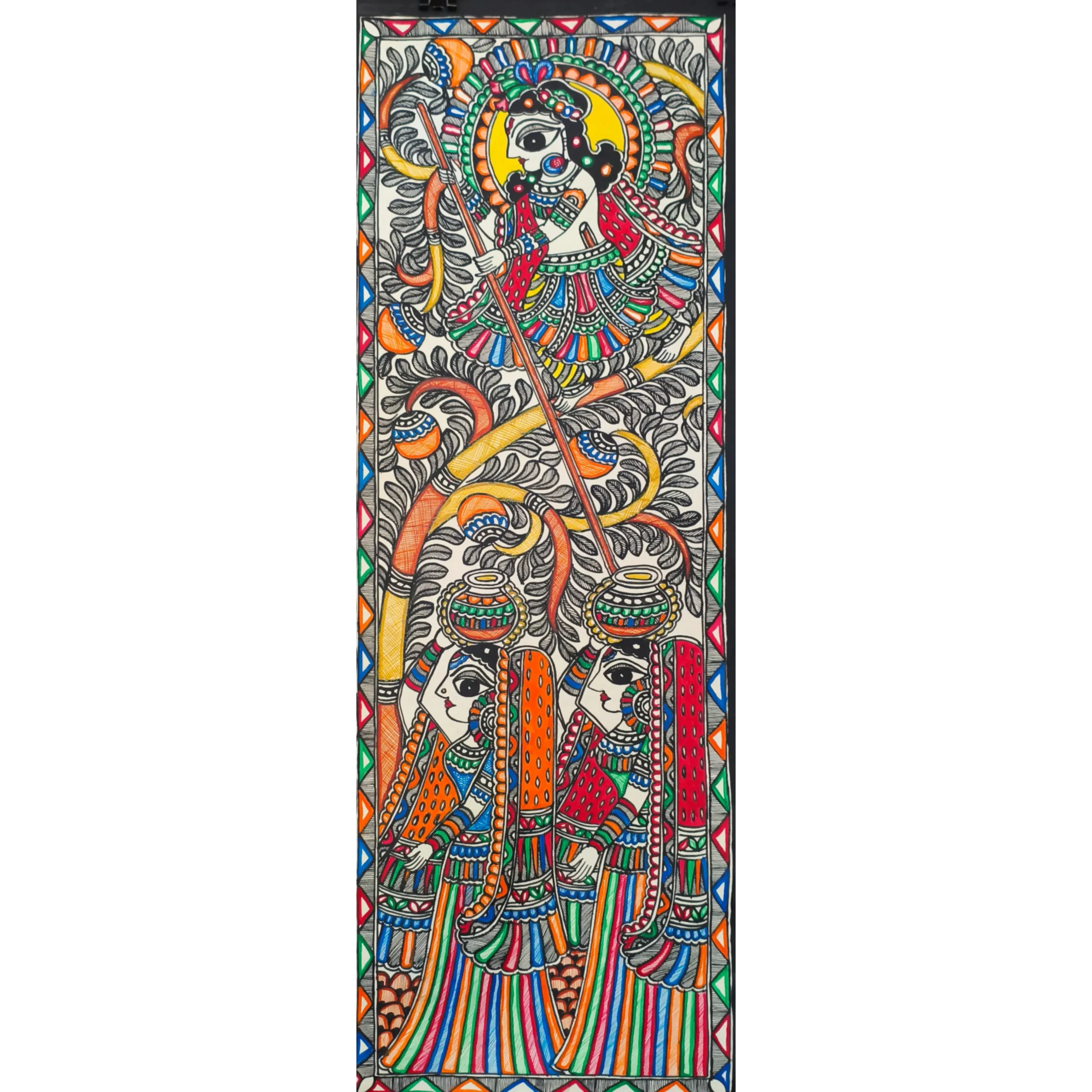 Krishna with Gopis – Traditional Madhubani Painting (30 x 11 inches)