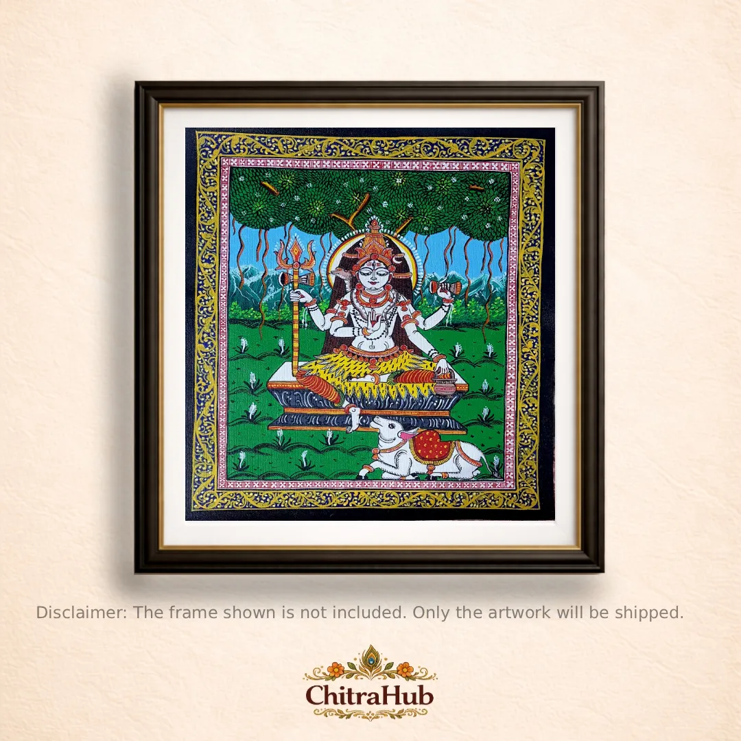 Lord Shiva Pattachitra Painting with Nandi (15.7 × 18.5 Inches)