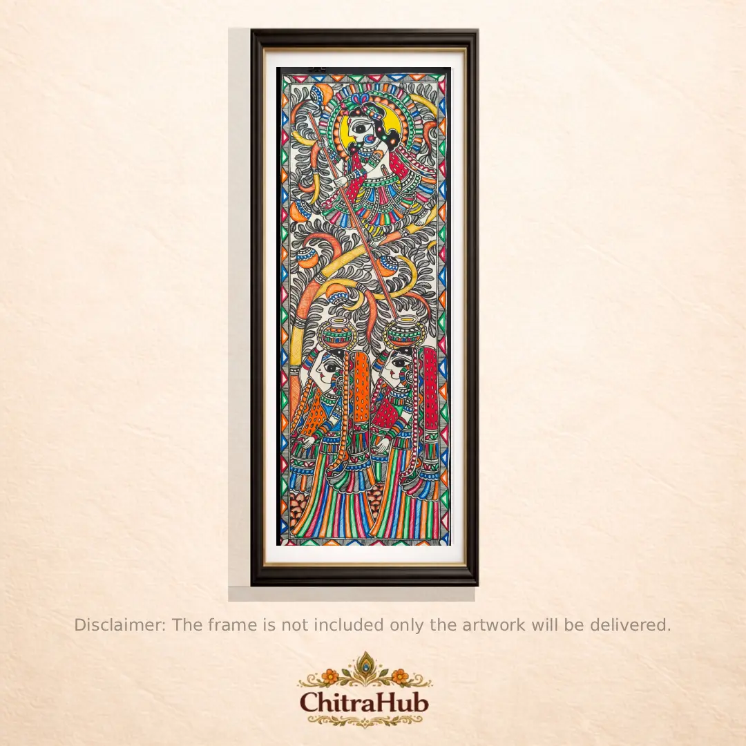 Krishna with Gopis – Traditional Madhubani Painting (30 x 11 inches)