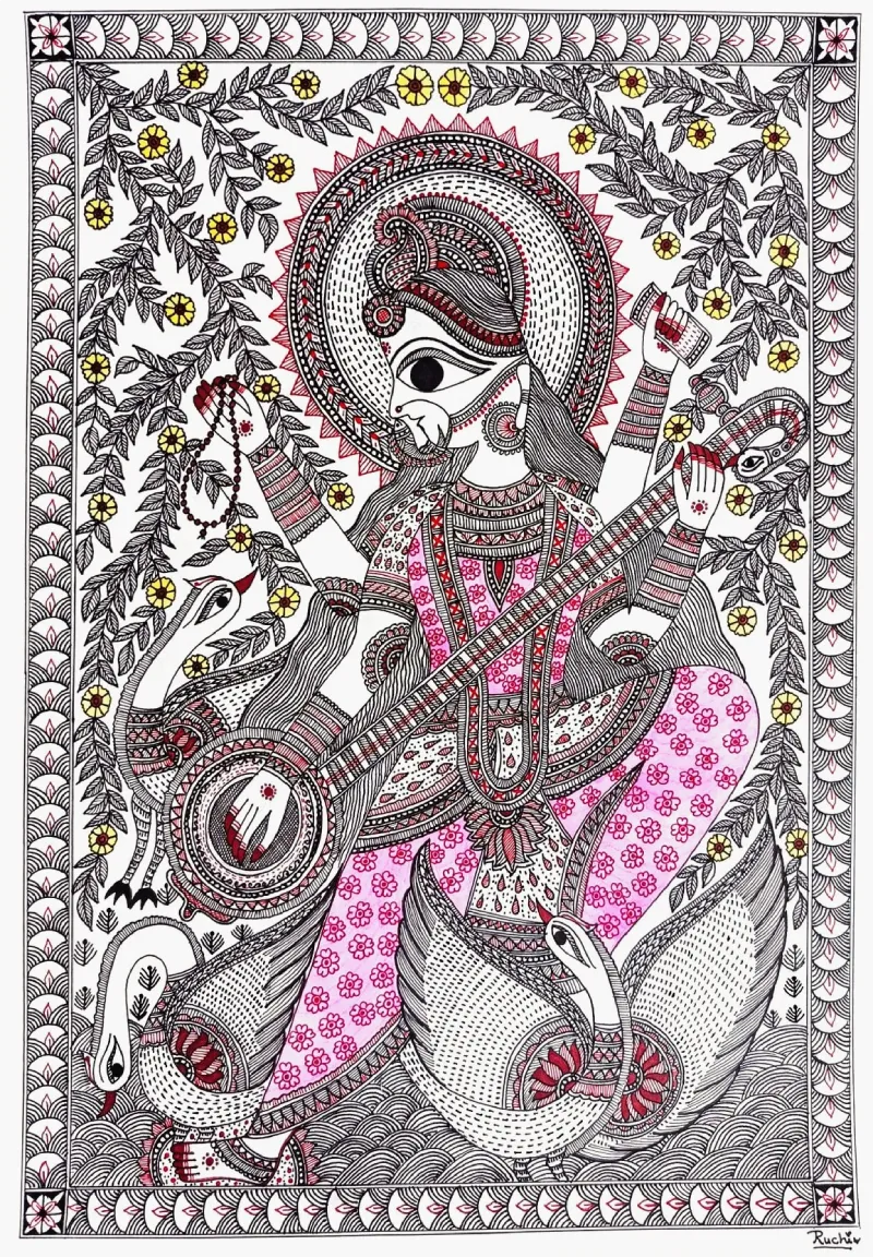 Madhubani Saraswati Maa(11.7 × 16.5 Inches)
