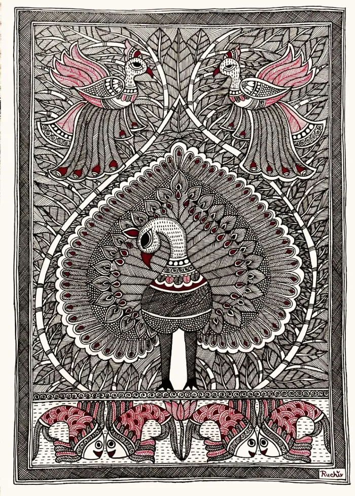 Madhubani Symphony in Feathers(11.7 × 16.5 Inches)