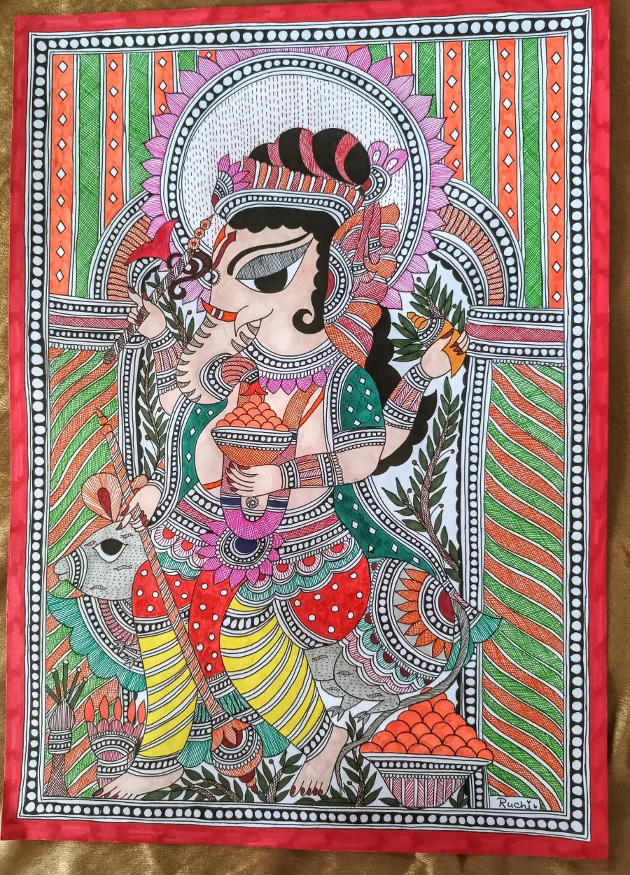 Mangalmurti in Madhubani (11.7 × 16.5 Inches) By Ruchi Saxena