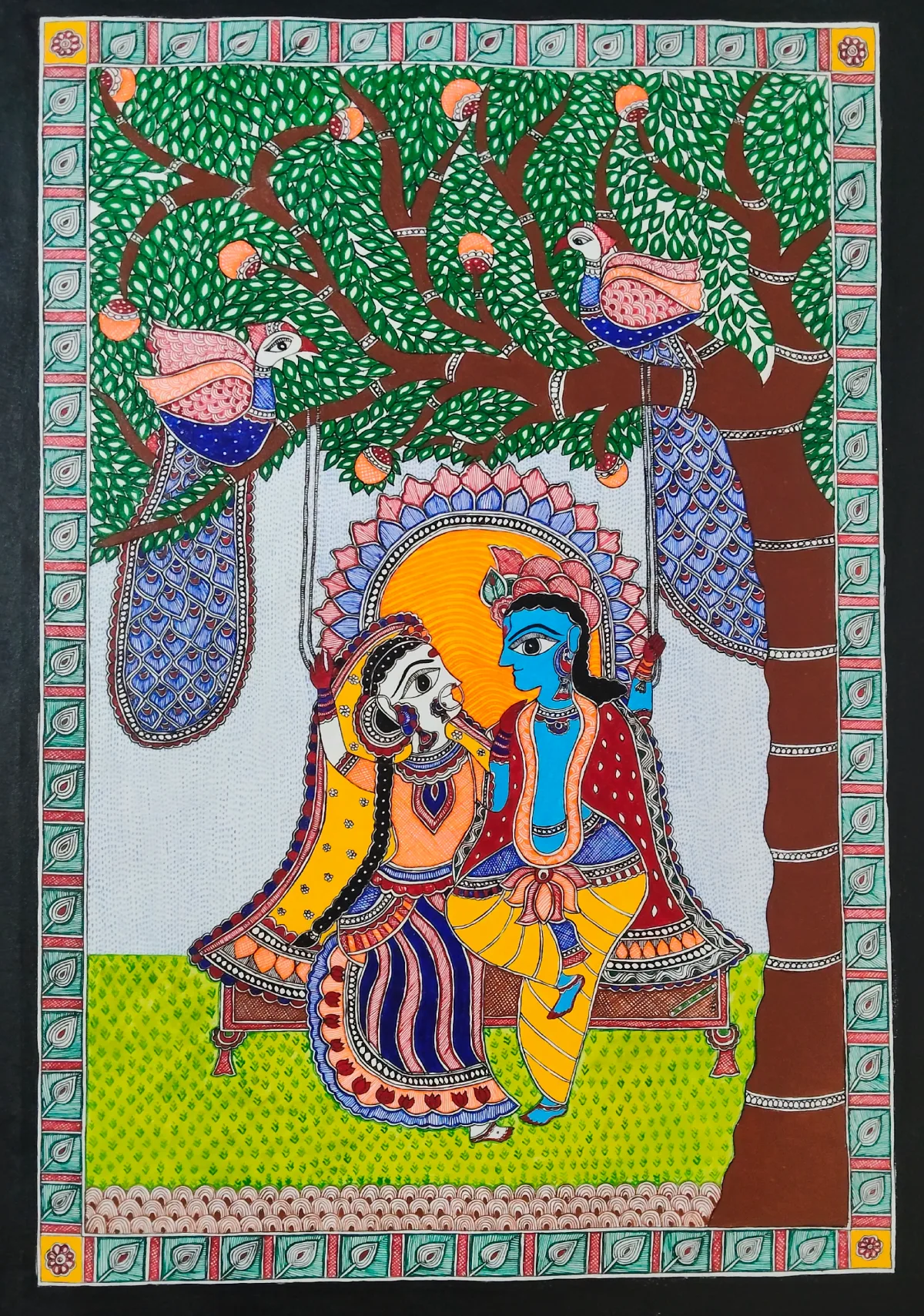 Radha Krishna Madhubani Painting (24 × 36 inches)
