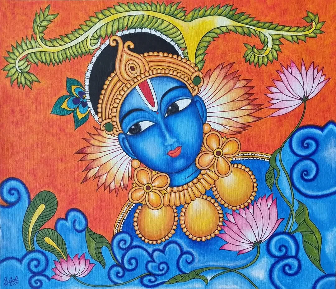 Vishnu – Divine Serenity in Kerala Mural Style (48 × 40 cm (18.9 × 15.7 inches approx.)